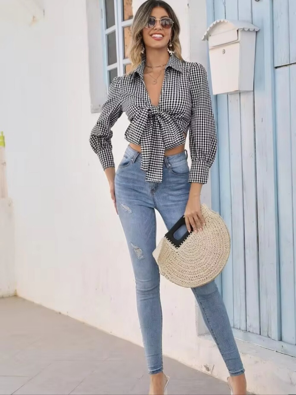 SHEIN NWOT Gingham Tie Front Two Way Crop Top - Black/White - M